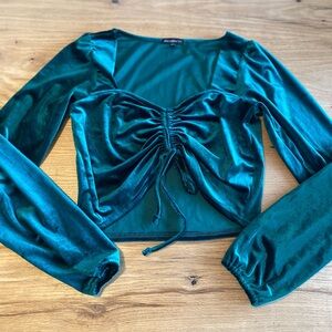 Ever After Crop Long Sleeve Velvet Square Neck Cinch Top Green Women’s Large Pre